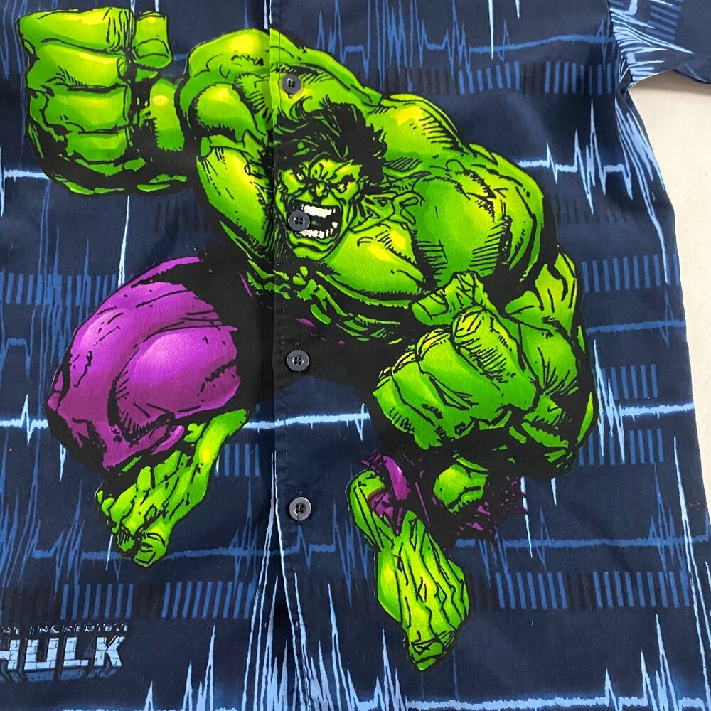 Vintage Incredible Hulk Shirt Boy's XL Mens Small All Over Print Button Up - Picture 3 of 10